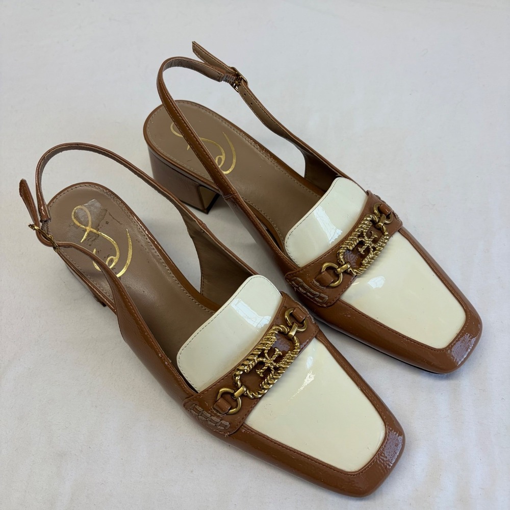 Sam Edelman Teana Slingback Loafer Pumps Women 8M Brown Cream Patent Chain Link